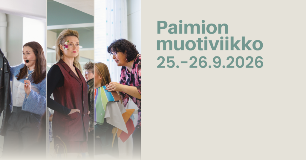 Vasemmassa reunassa kolme kuvaa. Yhdessä esiintyjä pitelee mustaa nahkatakkia. Toisessa kuva mallista muotinäytöksessä. kolmannessa kuvassa värianalyysiä tekevä nainen. Kuvan oikeassa reunassa on tapahtuman nimi ja päivämäärä.