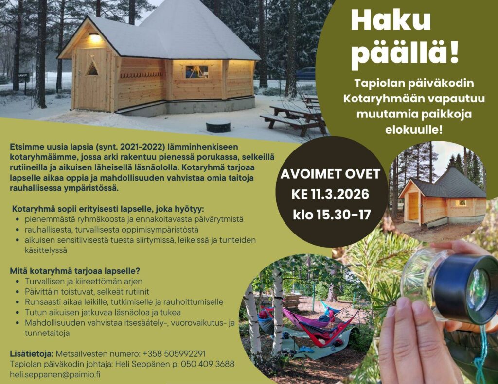 Muutama pikkukuva metsässä olevasta, puisesta kodasta ja sen lähettyvillä olevista välineistä