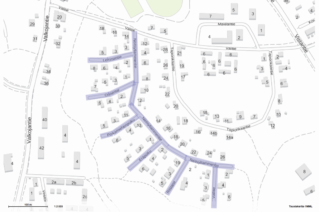 Kartalle väritetty liilalla urakka-alueeseen kuuluvat kadut.