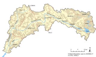 Kartta, jossa näkyy Paimionjoki sekä liittyvä valuma-alue. Alakulmassa mittakaava.