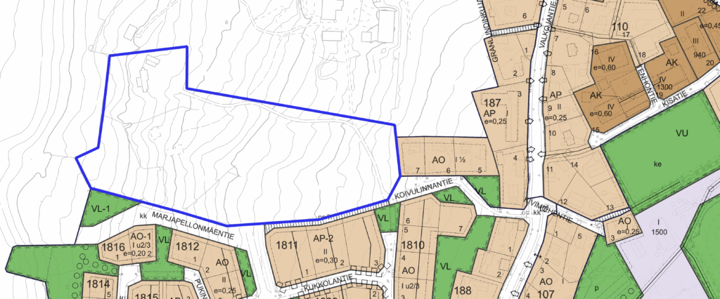 Koivulinna II kaava-alueen rajaus nykyisellä ajantasa-asemakaavalla.