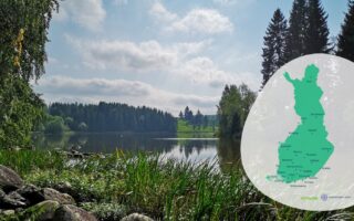 Suomen kartta, jossa hankkeessa mukana olevat kunnat. Taustalla Paimionjoki.