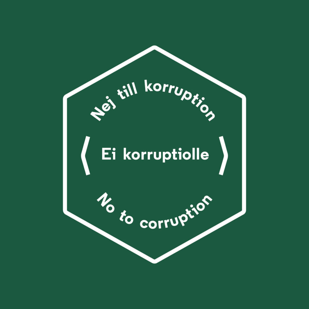 Vihreän taustan päällä valkoisella teksti ei korruptiolle.