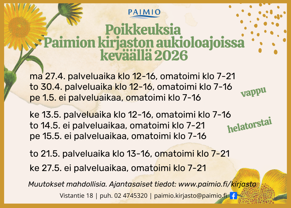 Poikkeuksia kirjaston aukioloajoissa huhti-toukokuussa.