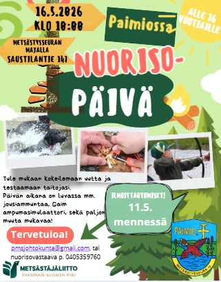 Metsästämiseen liittyviä pikkukuvia sekä Paimion Metsästysseuran logo ja perustiedot tapahtumasta.