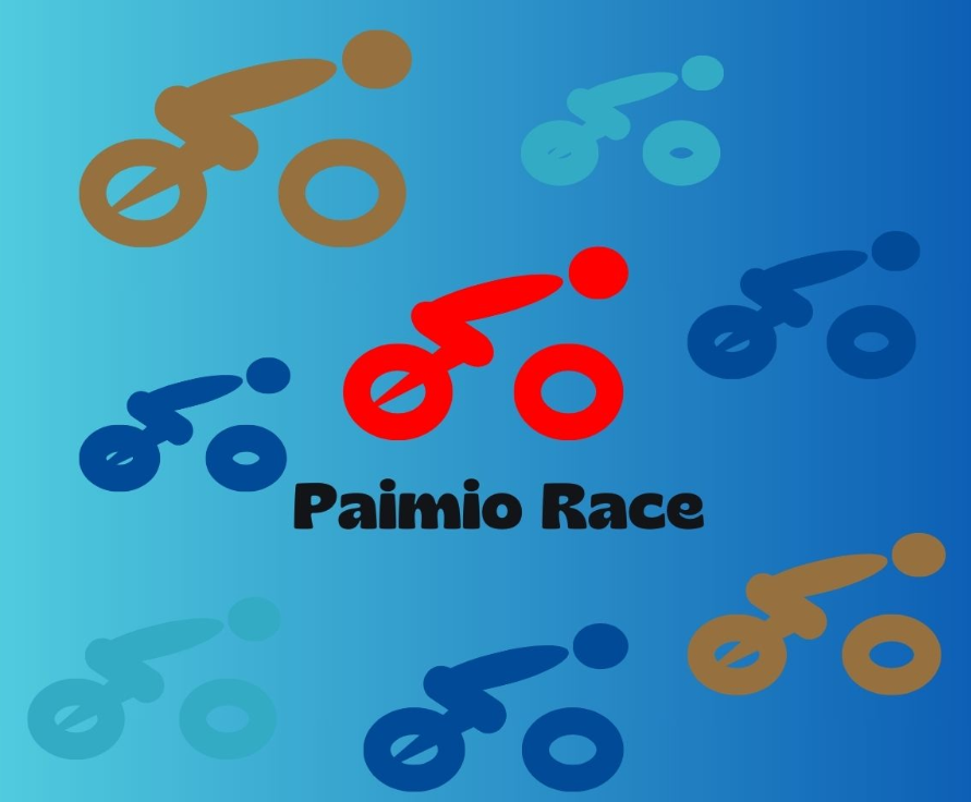 Piirroshamoina sinistä taustaa vasten erivärisiä pyöräilijähahmoja. Lisäksi teksti Paimio Race.