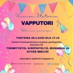 Piirroskuvassa ilmapalloja ja muita vappukoristeita sekä Vapputorin perustiedot.