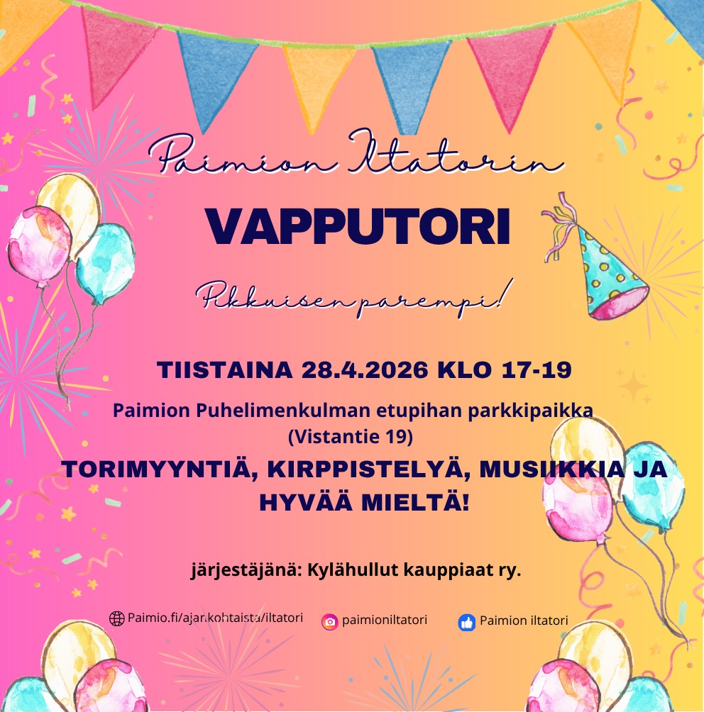 Piirroskuvassa ilmapalloja ja muita vappukoristeita sekä Vapputorin perustiedot.