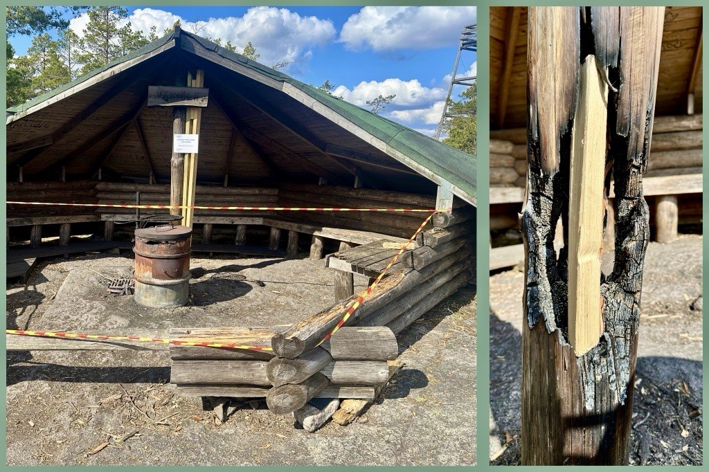 Isossa kuvassa kallion päälle rakennettu katoksellinen laavu, jonne pääsy estetty värikkäillä nauhoilla. Pikkukuvassa vaurioitunut puurakenne.