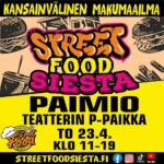 Piirroskuvassa taustalla erilaisia ruokia ja juomia ja etualalla teksti Kansainvälinen makumaailma, Street Food Siesta Paimio.