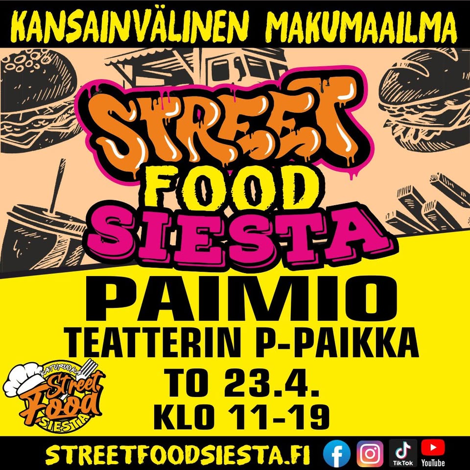 Piirroskuvassa taustalla erilaisia ruokia ja juomia ja etualalla teksti Kansainvälinen makumaailma, Street Food Siesta Paimio.