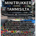 Etualalla pallomeri, taustalla isokokoisia autoja. Kuvan päällä teksti Ammattiliikenteen koko perheen avaus, Minitrukker Tammisilta Paimiossa, ent. ABC Tammisillan pihalla lauantaina 2.5.2026 klo 10 - 14.