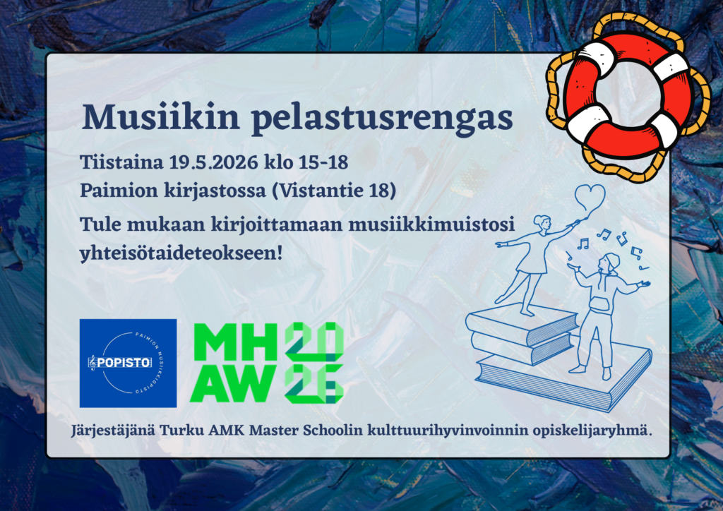 Musiikin pelastusrengas -tapahtuman mainos. Tule mukaan kirjoittamaan musiikkimuistosi yhteisötaideteokseen!