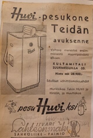 Tekstiä eri fonteilla, pesukone, erilaisia piirroshahmoja