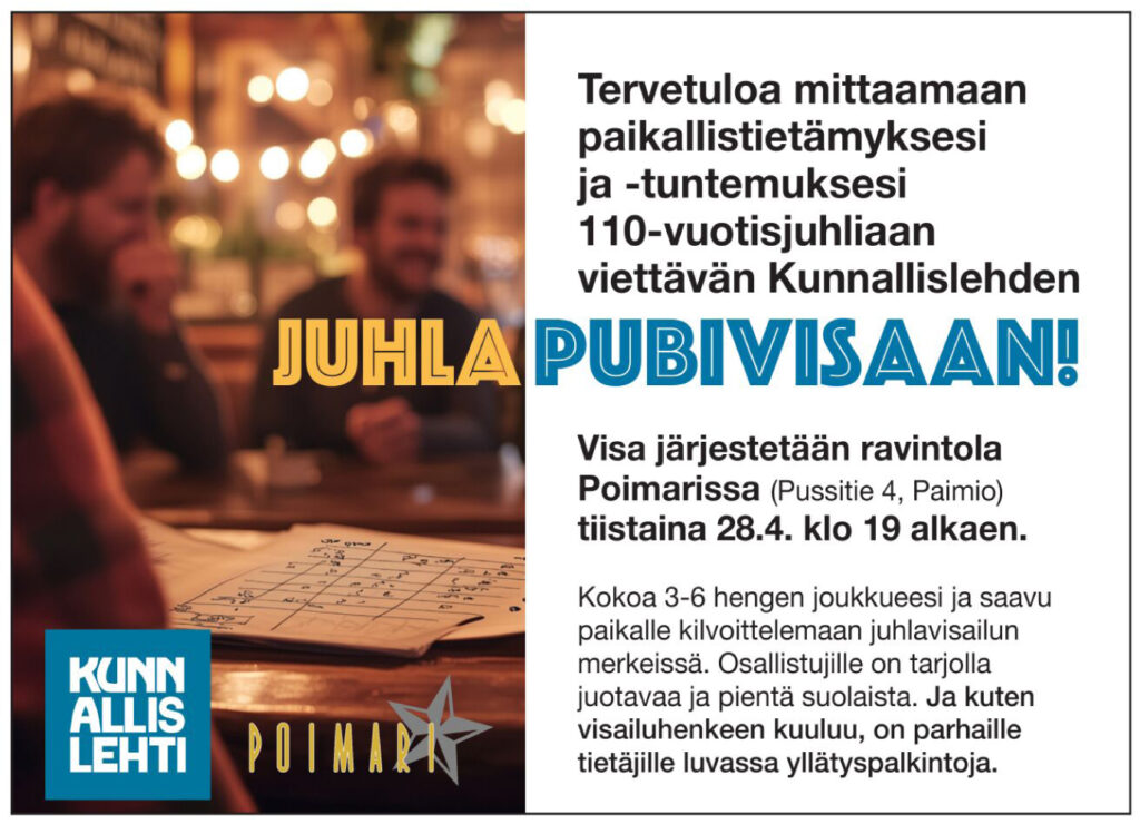 Miehiä istumassa ravintolapöydän äöäressä. LisäksiKunnallislehden logo sekä tekstiä Juhlapubivisan sisällöstä Ravintola Poimarissa 28.4. klo 19.