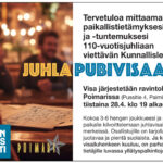 Miehiä istumassa ravintolapöydän äöäressä. LisäksiKunnallislehden logo sekä tekstiä Juhlapubivisan sisällöstä Ravintola Poimarissa 28.4. klo 19.