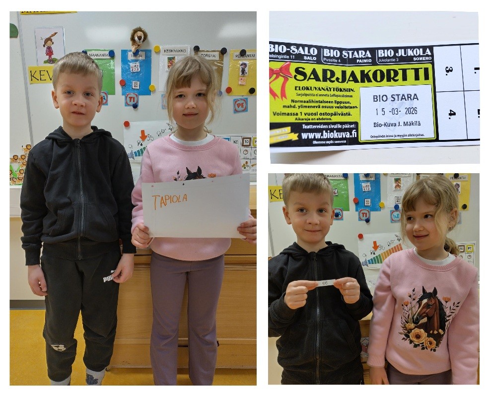 Kuvakollaasi lapsista elokuvalippujen arvontaa tekemässä.