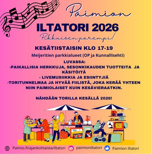 Piirroskuvissa erilaisia iltatorimyyjien osastoja. sekä sävelasteikko. Lisäksi perustietoja kesän 2026 iltatoreista