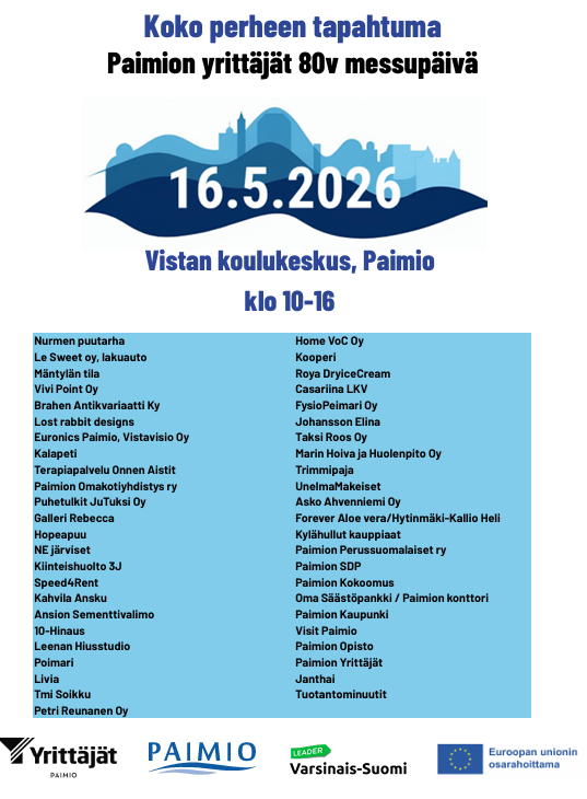 Lista messujen näytteilleasettajoista sekä alaosossa seuraavat logot: Paimion Yrittäjät, Paimion kaupunki, Leader Varsinais-Suomi ja Euroopan Unioni.