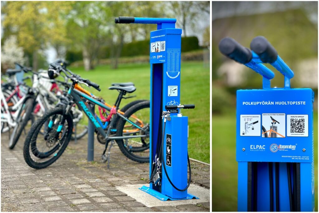 Kaksi kuvaa, joista vasemmalla useita polkupyöriä ja sen edessä sininen polkupyörien huoltopistekokonaisuus. Oikealla huoltopistelaitteesta yksityiskohtakuva, jossa näkyy käyttöohjeita ja QR-koodi.
