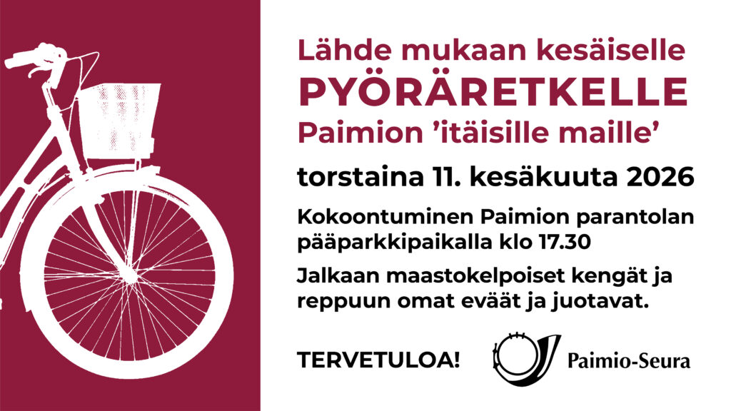 Piirroskuvassa sivusta kuva polkupyörän etuosasta. Lisäksi perustiedot tapahtumasta ja Paimio-Seuran logo.