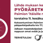 Piirroskuvassa sivusta kuva polkupyörän etuosasta. Lisäksi perustiedot tapahtumasta ja Paimio-Seuran logo.
