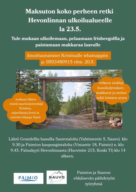 Keskellä valokuva puisesta prtista metsäisellä aluella. Lisäksi Paimion kaupungin ja Sauvon kunnan logot sekä perustiedot retkestä ja sen ilmoittautumisohjeet.