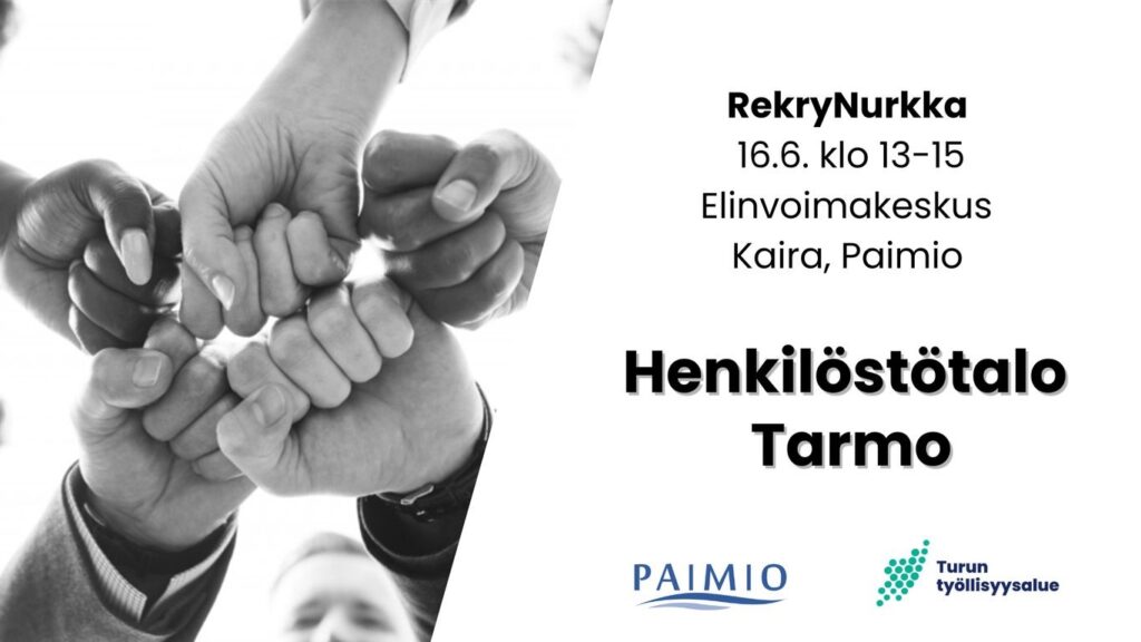 Käsiä ristikkäin sekä perustiedot tapahtumasta. Lisäksi Paimion ja Turun työllisyysalueen logot.