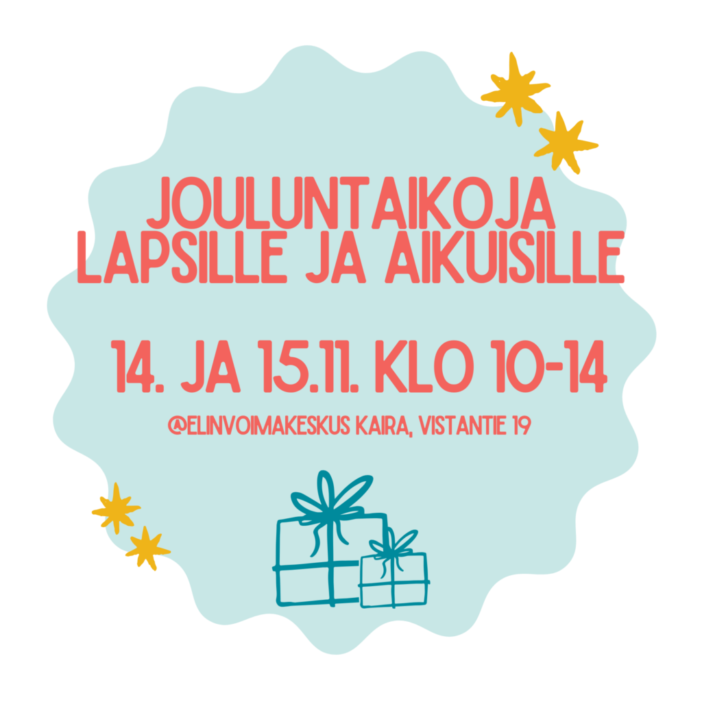kuvassa kerrotaan työpajasta jossa tehdään joulukoristeita, kortteja ja muita jouluasioita. myös tapahtuma-aika ja paikka.