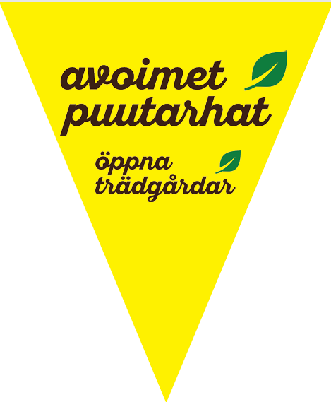Keltainen viiri, jossa lukee avoimet puutarhat ja öppna trädgårdar.