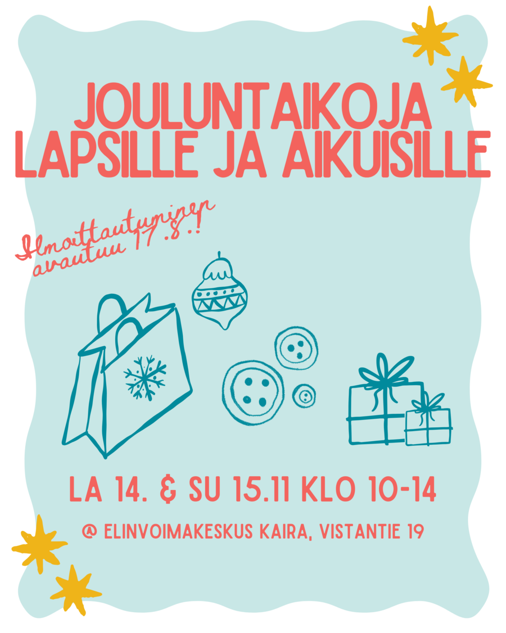 joulutyöpajan markkinointikuva jossa näkyy tapahtuman tiedot sekä kuvituskuvina nappeja, lahjapaketteja, lahjakassi ja joulukoriste