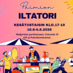 Piirroskuvissa torikatoksia ja -pöytiä sekä ihmisiä. Tekstinä Paimion iltatori 16.6. - 4.8.