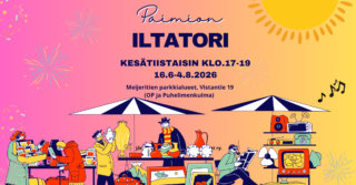 Piirroskuvissa torikatoksia ja -pöytiä sekä ihmisiä. Tekstinä Paimion iltatori 16.6. - 4.8.