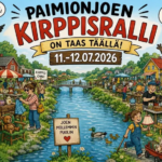 Värikkään piirroskuvan keskellä sininen joki. Sen molemmin puolin myyntipisteitä sekä ihmisiä.