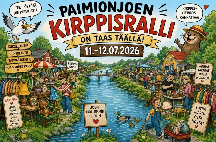 Värikkään piirroskuvan keskellä sininen joki. Sen molemmin puolin myyntipisteitä sekä ihmisiä.