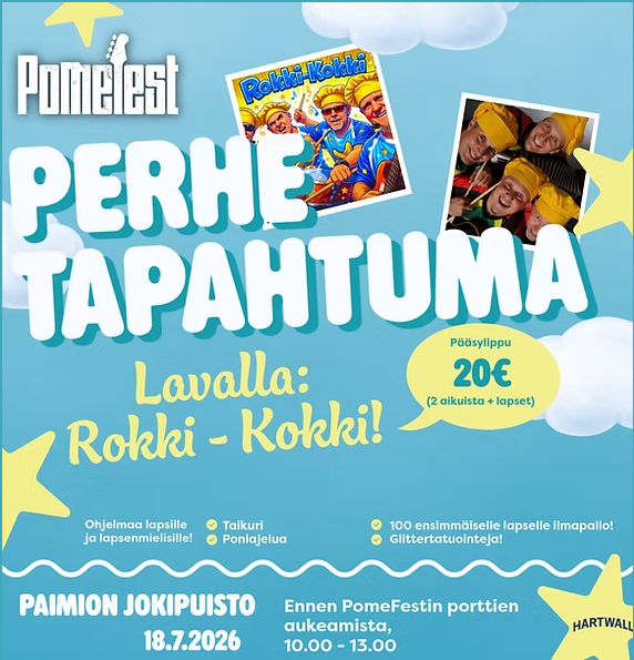 Pomefest-perhetapahtuma. Lavalla Rokki-Kokki. Ohjelmaa lapsille ja lapsenmielisille.