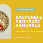 Keltainen bannerikuva.Vasemmalla näkyy kuva jossa aamiaistarvikkeita ja puurokattila. Taustalla näkyy ihmisiä. Oikealla tapahtuman tiedot valkoisella tekstillä.