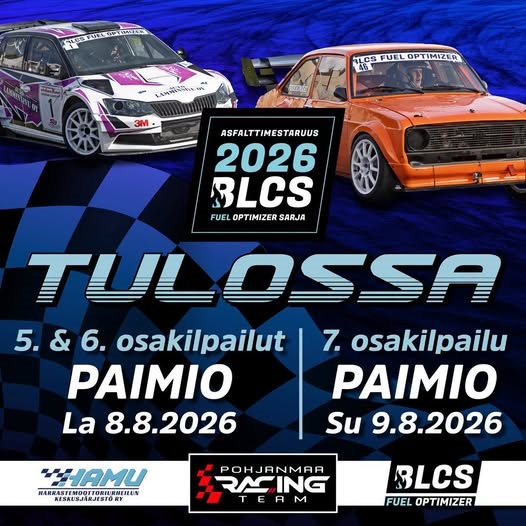 Kaksi erilaista urheiluautoa sekä perustiedot Paimion osakilpailuista.