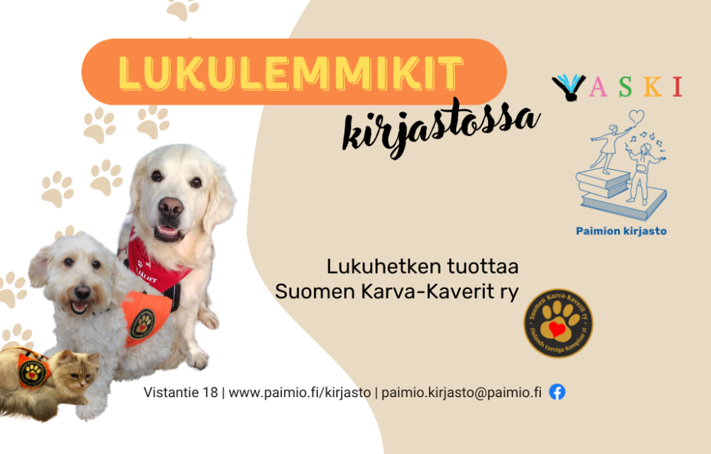 Lukulemmikit kirjastossa. Lukuhetken tuottaa Suomen Karva-Kaverit ry.