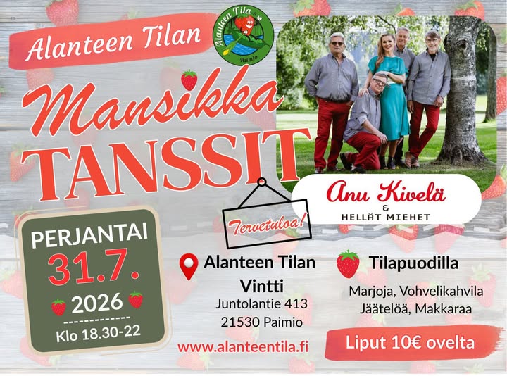 Nainen ja neljä miestä ulkona puutarhassa. Lisäksi perustiedot tapahtumasta.