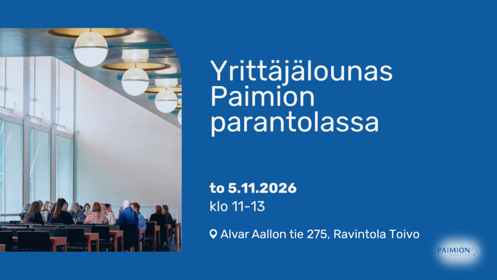 Sininen kuva jossa näkyy kuva Paimion parantolassa olevan ravintolan kattolampuista ja pöydistä. Pöydissä istuu ihmisiä. Oikealla kuvassa lukee tapahtuman tiedot.