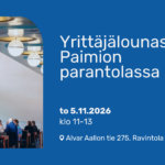 Sininen kuva jossa näkyy kuva Paimion parantolassa olevan ravintolan kattolampuista ja pöydistä. Pöydissä istuu ihmisiä. Oikealla kuvassa lukee tapahtuman tiedot.