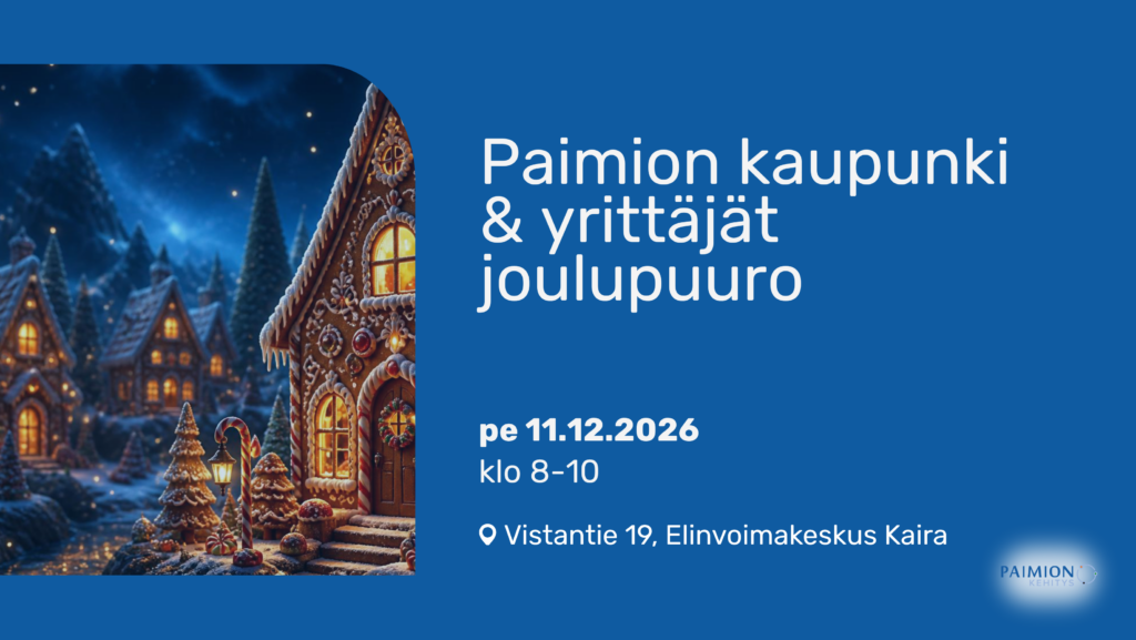 Kuvituskuva piparkakkutaloista sekä tapahtuman tiedot kuvan toisella laidalla.