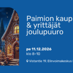 Kuvituskuva piparkakkutaloista sekä tapahtuman tiedot kuvan toisella laidalla.
