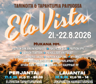 Kesäillan maisema, jossa näkyy auringonkukkia. Pääotsikkotekstinä EloVista 21.-22.8.2026 sekä tietoja molempien päivien ohjelmasta.