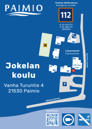 Kartta Jokelan koulun alueen rakennuksista ja pysäköintipaikoista.