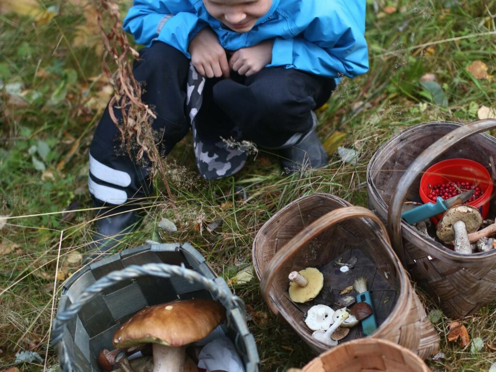 Lapsi kyykyssä ulkona sienikorien äärellä.