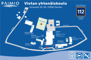 Kartta Vistan yhtenäiskoulun alueesta. Karttaan on merkitty rakennusten nimet ja osoitteet, kadunnimet ja pysäköintialueet.