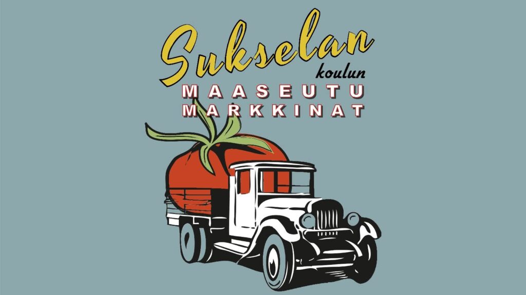 Piirroskuva, jossa vanhan kuorma-auton lavalla kuljetaan todella isoa punaista tomaattia. Lisäksi teksti Sukselan koulun maaseutumarkkinat.