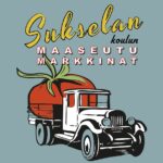 Piirroskuva, jossa vanhan kuorma-auton lavalla kuljetaan todella isoa punaista tomaattia. Lisäksi teksti Sukselan koulun maaseutumarkkinat.